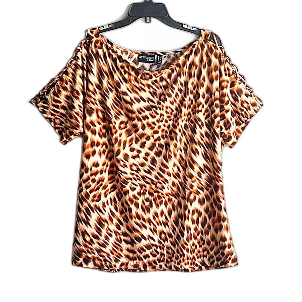 Attitudes by Renee Global Illusions Animal Print Tunic Top Leopard Brown L